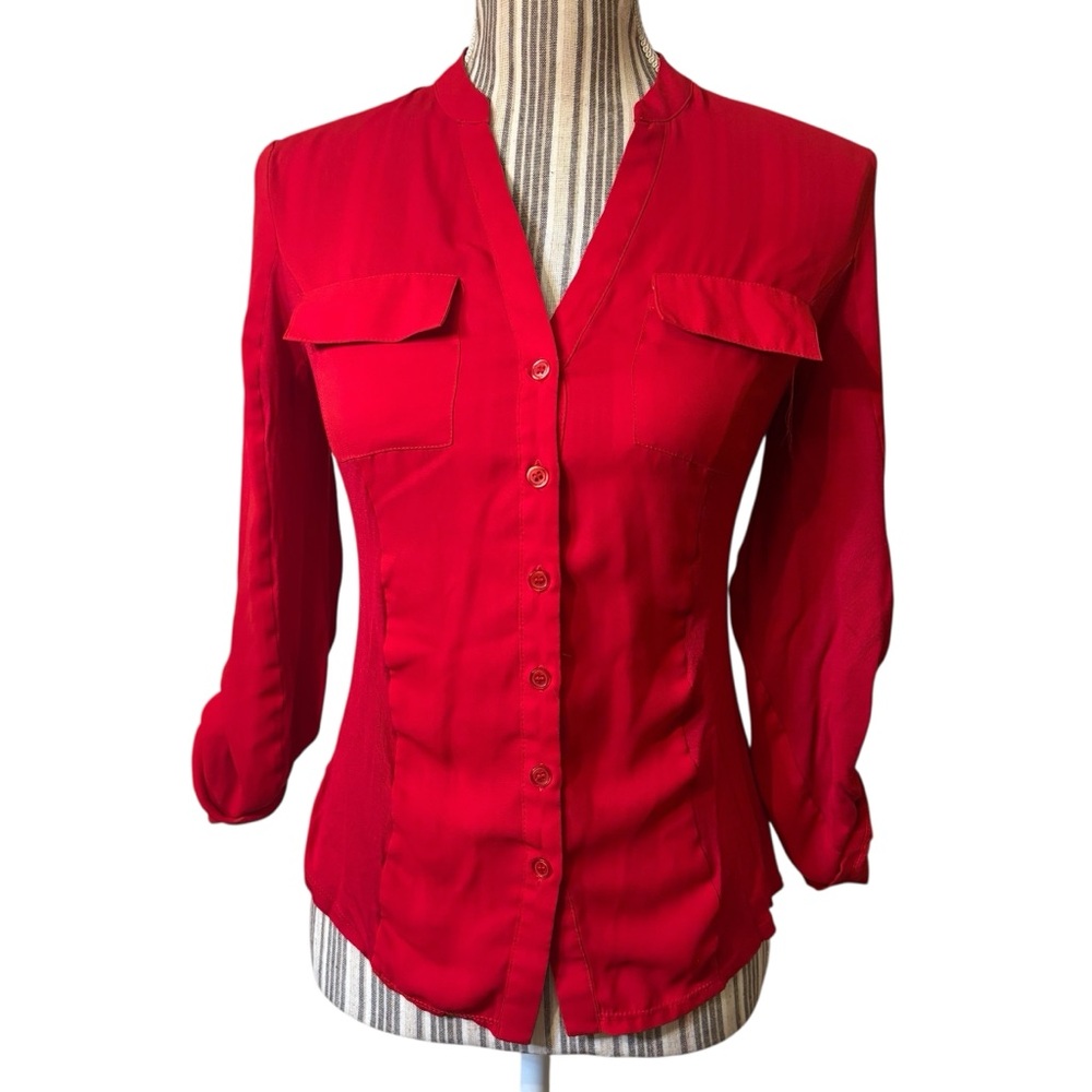INC International Concepts Blouse XS Red Button-Down Shirt Roll-tab Sleeves